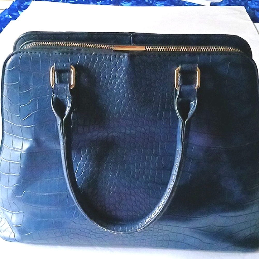 CROCODILE Embellished Satchel 100% Polyurethane Gold Tone Hardware Blue Purse